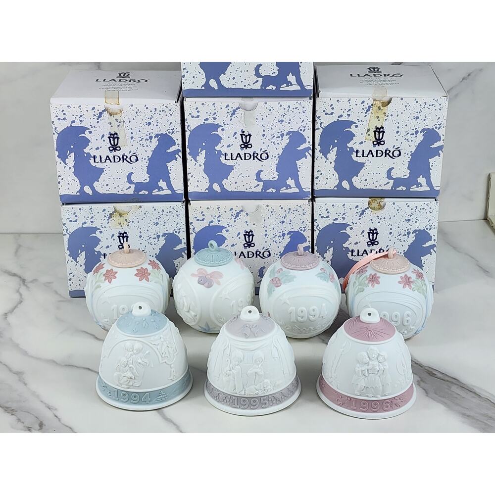 LLADRO Tree Christmas Ornament Ball & Bell 3" Matte Porcelain 1994 1995 1996 x7